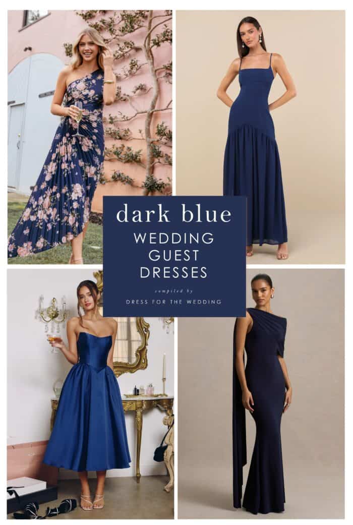 Collage for article cover, showing 4 product photos with dark blue dresses and text on blue that reads dark blue wedding guest dresses.