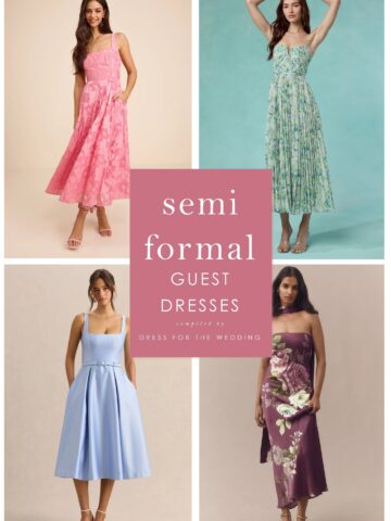 Cover collage for examples of what to wear to a semi-formal wedding. Shows 4 mid length dresses in collage.