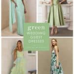 Collage and cover for shopping guide for green dresses to wear to a wedding. Collage shows 4 light green dresses on models with text that reads green wedding guest dresses.