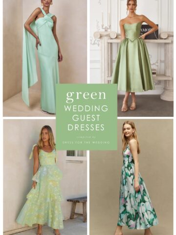 Collage and cover for shopping guide for green dresses to wear to a wedding. Collage shows 4 light green dresses on models with text that reads green wedding guest dresses.