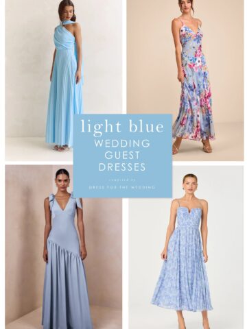 Cover collage with 4 light blue wedding guest dresses shown on models and text that reads light blue wedding guest dresses.