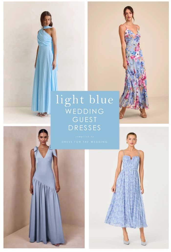 Cover collage with 4 light blue wedding guest dresses shown on models and text that reads light blue wedding guest dresses.