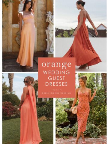 Cover image for article featuring coral, rust, and orange dresses for wedding guests. Shows 4 images of models wearing orange midi maxi and cocktail dresses.