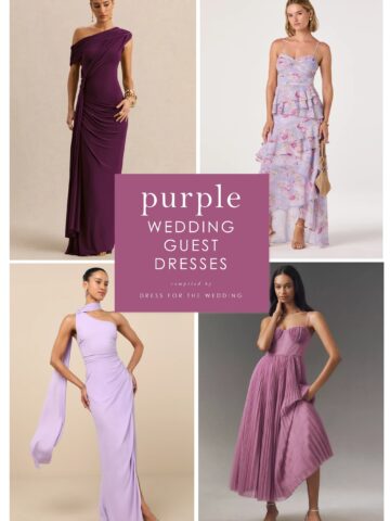 Cover collage showing purple dresses on models with text that reads purple dresses for wedding guests.