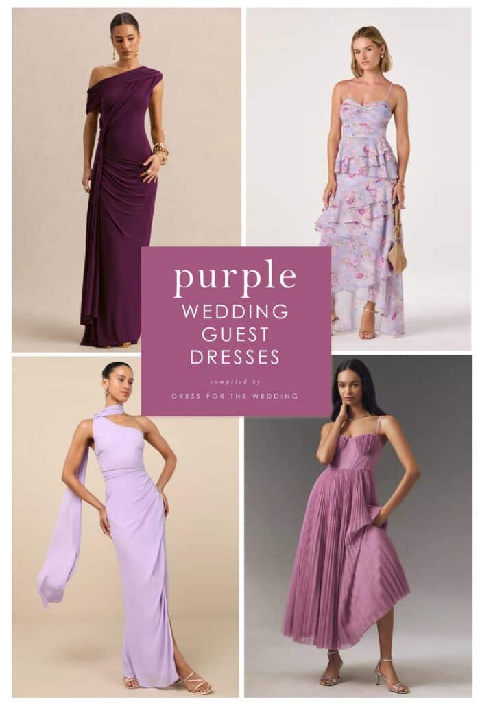 Cover collage showing purple dresses on models with text that reads purple dresses for wedding guests.