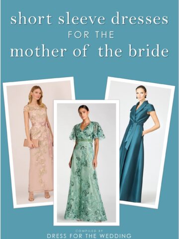 Collage of 3 short sleeve dresses on blue background with text that reads short sleeve mother of the bride dresses. Article cover art.