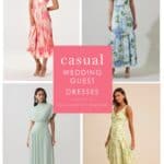 Cover image and collage for showing models wearing various casual dresses for wedding guests.