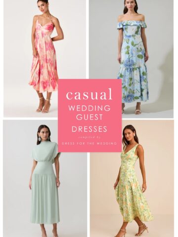 Cover image and collage for showing models wearing various casual dresses for wedding guests.