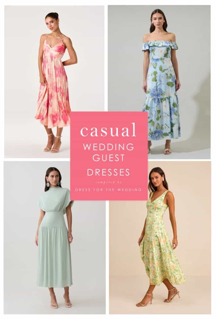 Cover image and collage for showing models wearing various casual dresses for wedding guests.