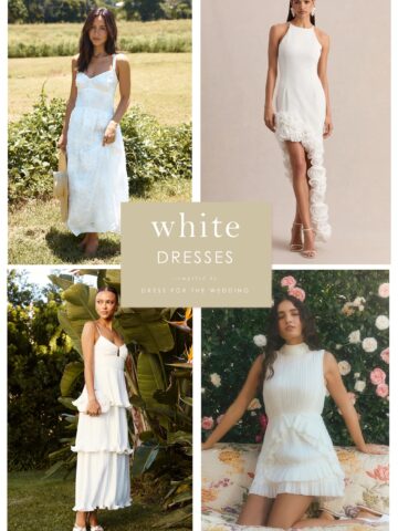 Article cover featuring 4 images of white dresses on models, with text that reads white dresses.