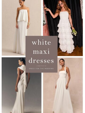 Cover image for article. Collage showing 4 white long dresses on models with text that says white maxi dresses.