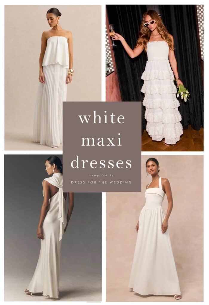 Cover image for article. Collage showing 4 white long dresses on models with text that says white maxi dresses.