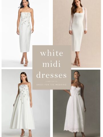 Collage cover image for article showing 4 product photos of models wearing white midi dresses with text that says white midi dresses for wedding events.