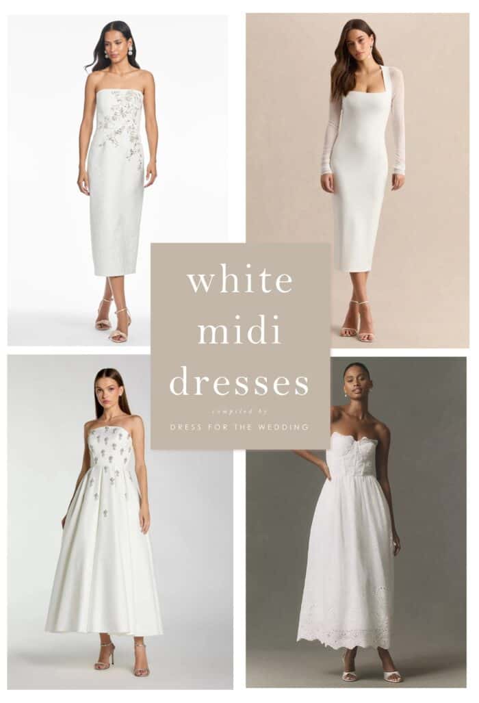Collage cover image for article showing 4 product photos of models wearing white midi dresses with text that says white midi dresses for wedding events.