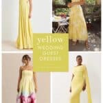 Cover image for a shopping guide article. Collage of 4 dress examples, shows 4 models in yellow dresses of various styles and lengths. Text reads yellow wedding guest dresses.