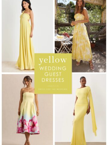 Cover image for a shopping guide article. Collage of 4 dress examples, shows 4 models in yellow dresses of various styles and lengths. Text reads yellow wedding guest dresses.