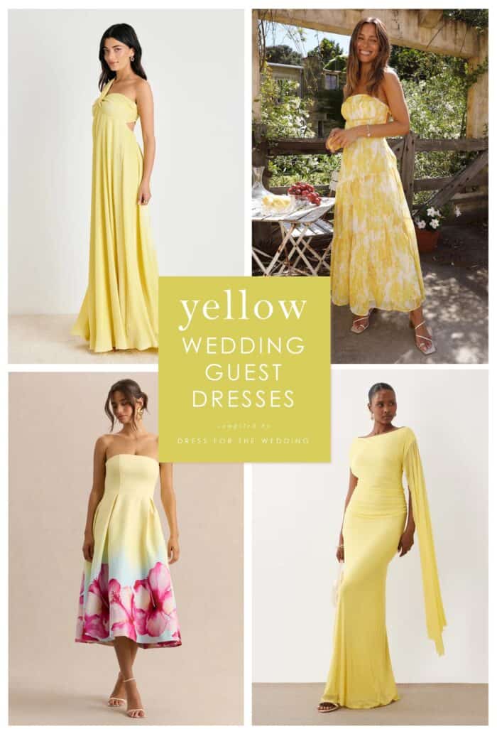 Cover image for a shopping guide article. Collage of 4 dress examples, shows 4 models in yellow dresses of various styles and lengths. Text reads yellow wedding guest dresses.