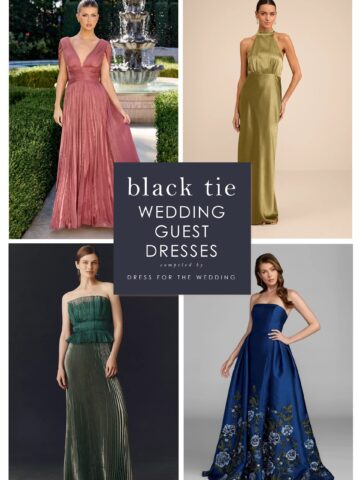 Collage showing 4 models wearing long formal gowns for black tie weddings.
