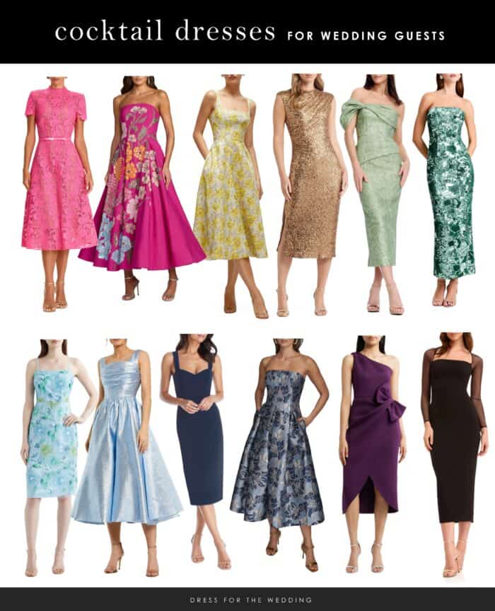 Collage example of mid-length cocktail dresses that are appropriate for cocktail attire dress codes