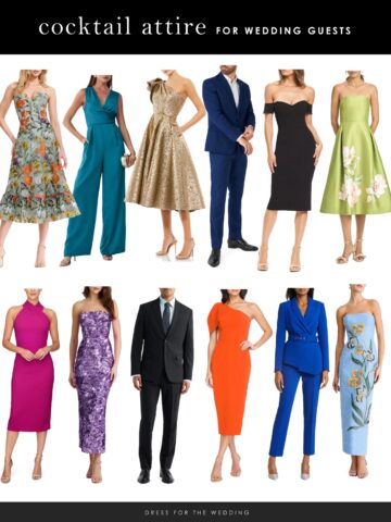Collage of outfits and dresses depicting cocktail attire dress code for an article cover
