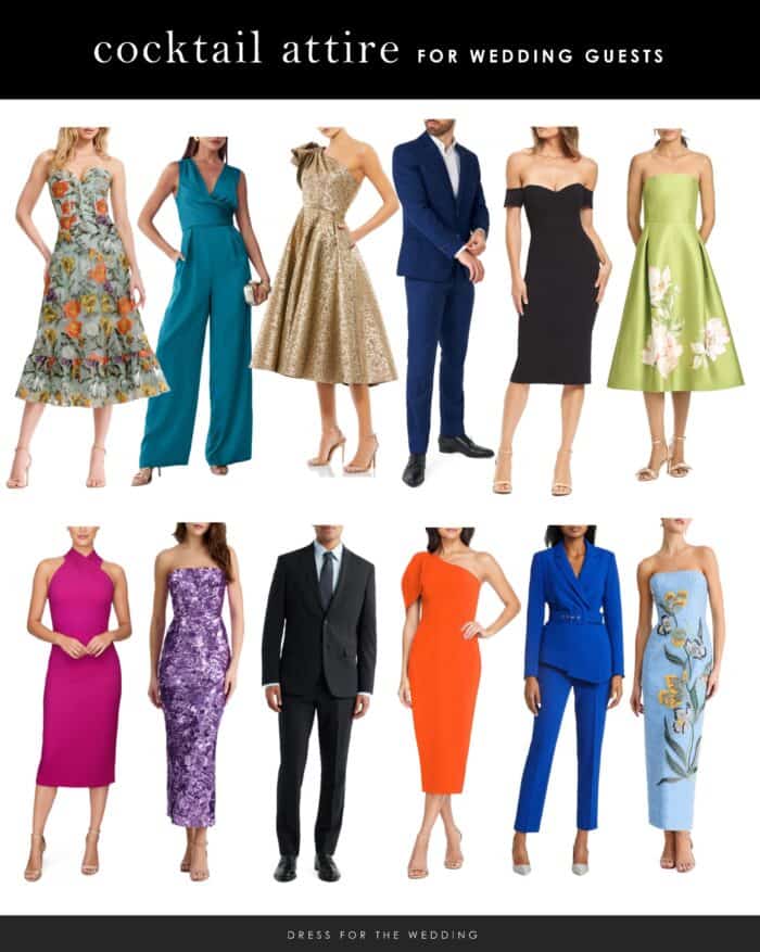 Collage of outfits and dresses depicting cocktail attire dress code for an article cover