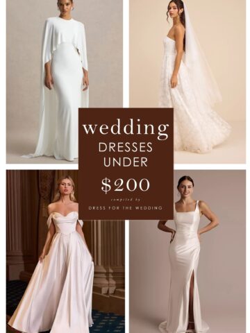 Collage showing 4 wedding dresses on models with text that says wedding dresses under $200.