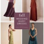 Collage of new wedding guest dresses for fall Purple, burnt orange , lime green and teal dresses shown on models in a collage with text that says fall wedding guest dresses.