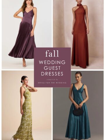 Collage of new wedding guest dresses for fall Purple, burnt orange , lime green and teal dresses shown on models in a collage with text that says fall wedding guest dresses.