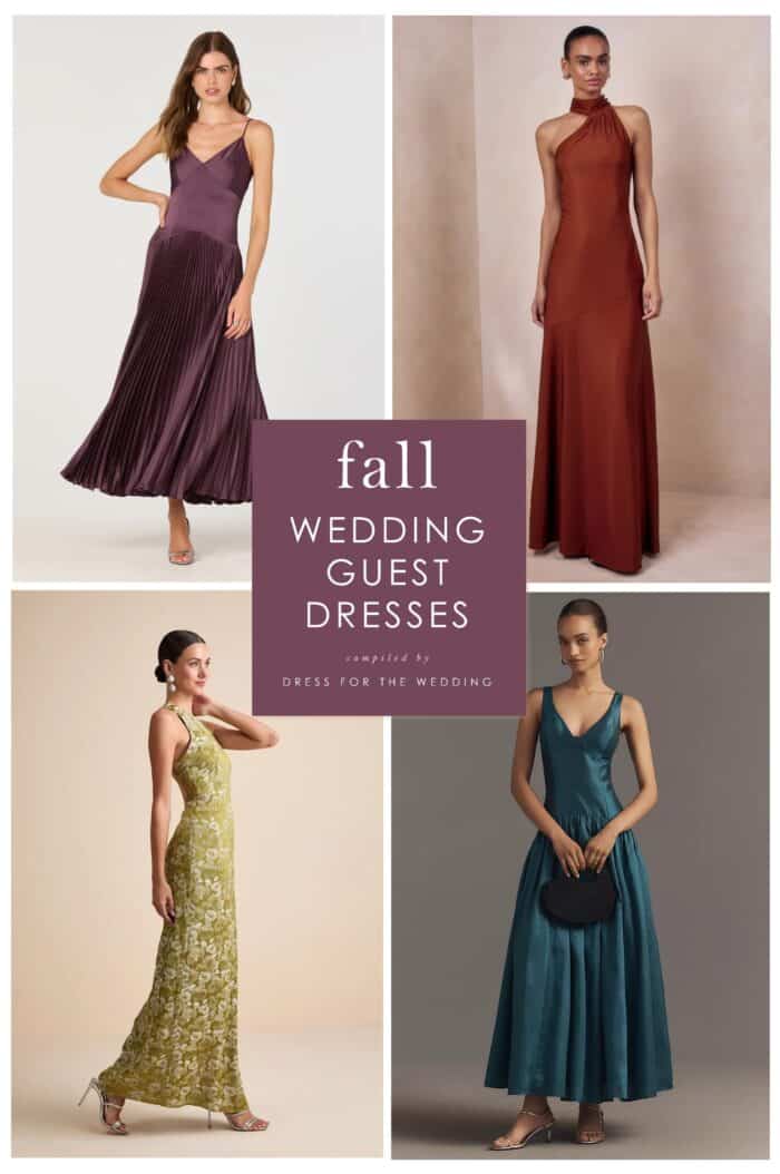 Collage of new wedding guest dresses for fall Purple, burnt orange , lime green and teal dresses shown on models in a collage with text that says fall wedding guest dresses.