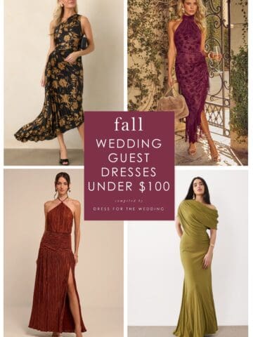 4 square collage with text that says fall wedding guest dresses under $100 and shows 4 fall dresses on models