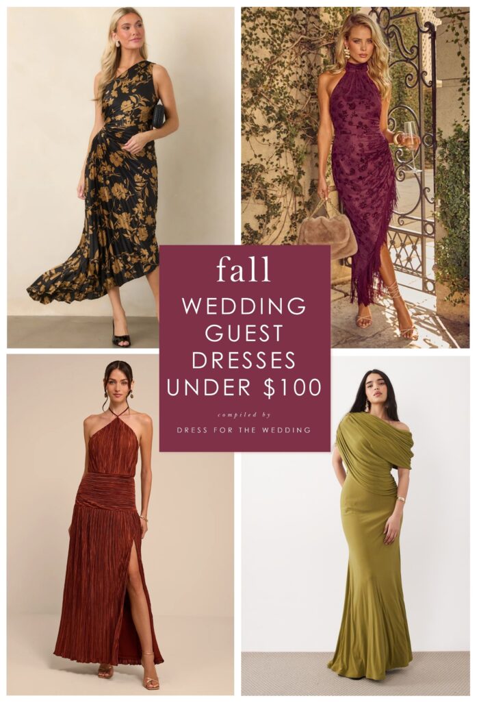 4 square collage with text that says fall wedding guest dresses under $100 and shows 4 fall dresses on models