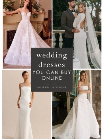 Cover collage showing 4 examples of wedding dresses
