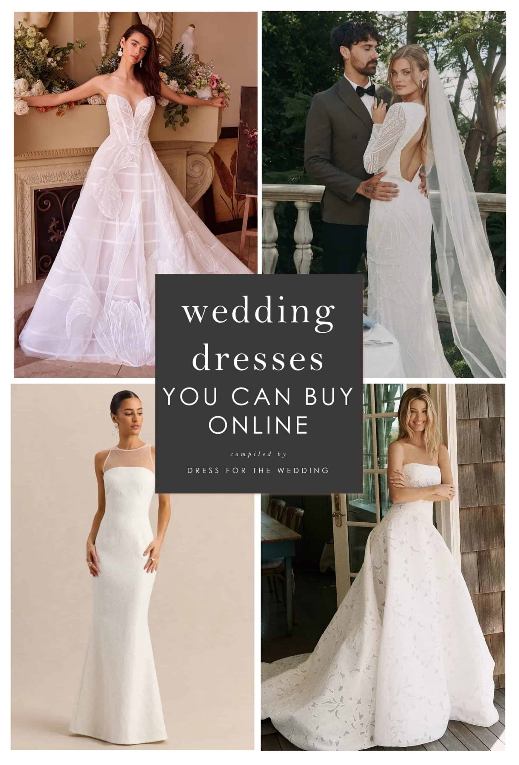 Cover collage showing 4 examples of wedding dresses