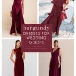 Collage showing 4 burgundy dresses of different styles and lengths on models