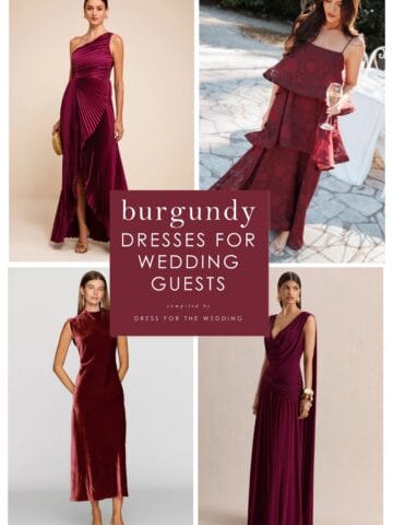 Collage showing 4 burgundy dresses of different styles and lengths on models