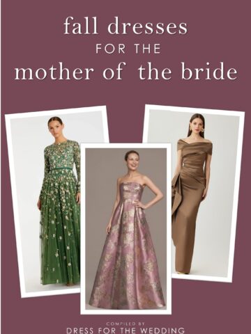 Cover in mulberry showing 3 fall MOB dresses as an example, with text that reads fall dresses for the mother of the bride.