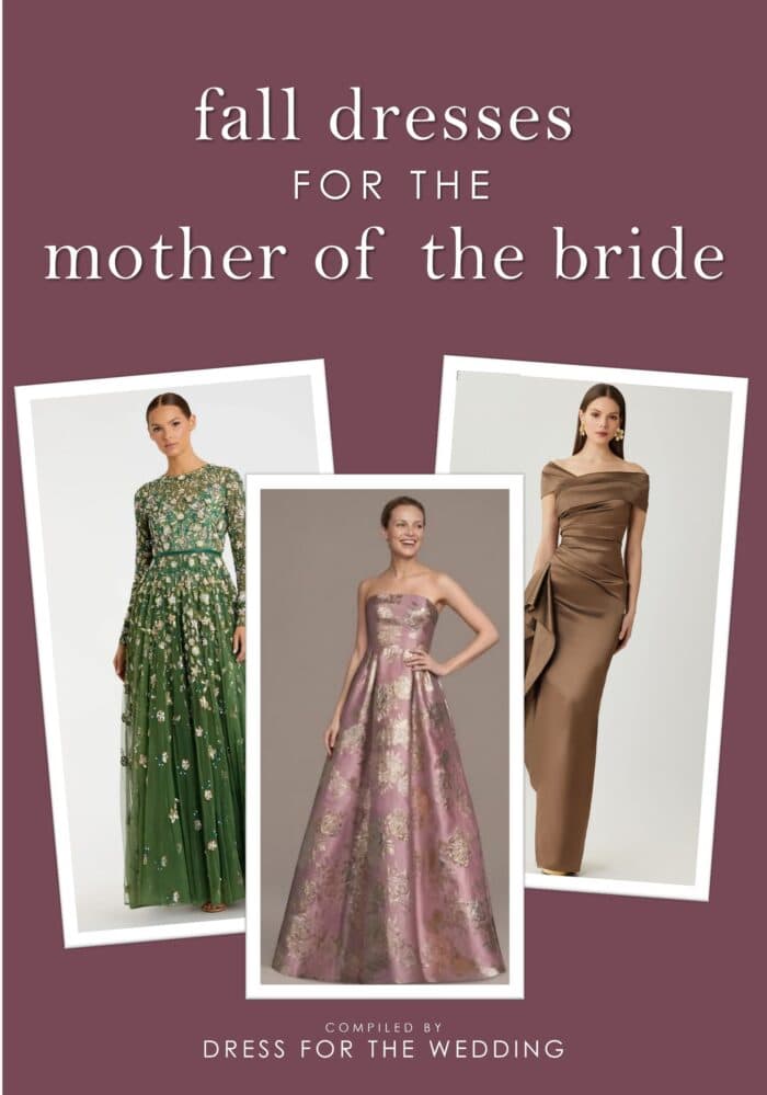 Cover in mulberry showing 3 fall MOB dresses as an example, with text that reads fall dresses for the mother of the bride.