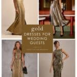 Cover collage of 4 images of gold dresses on models