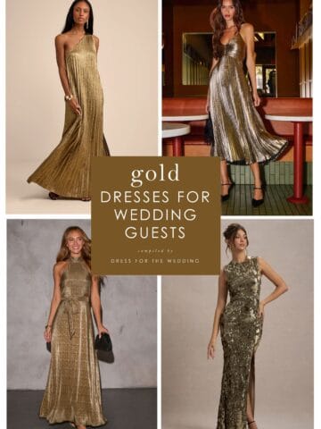 Cover collage of 4 images of gold dresses on models