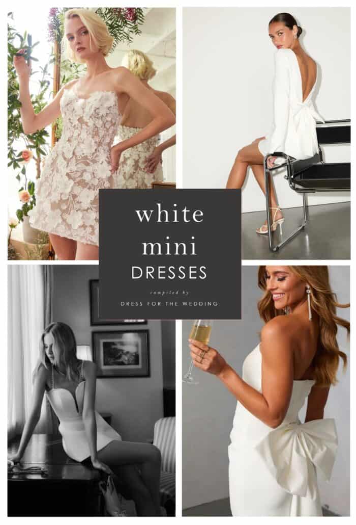 Collage cover for article on where to find white mini dresses. 4 white mini dresses on models